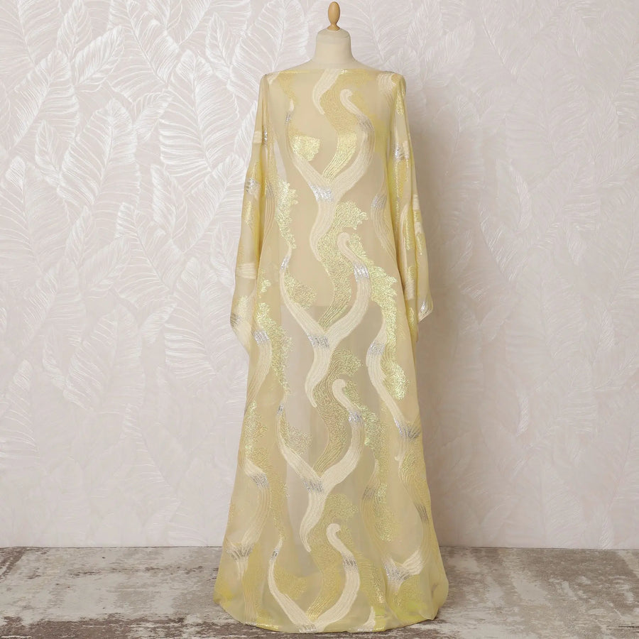 Golden Serenade Pure Silk Chiffon Fransawi Dirac Fabric - Silver and Gold Accents, 140cm Wide - Buy Online in 3.5 Mtr Piece-D18351 Regal Fabrics