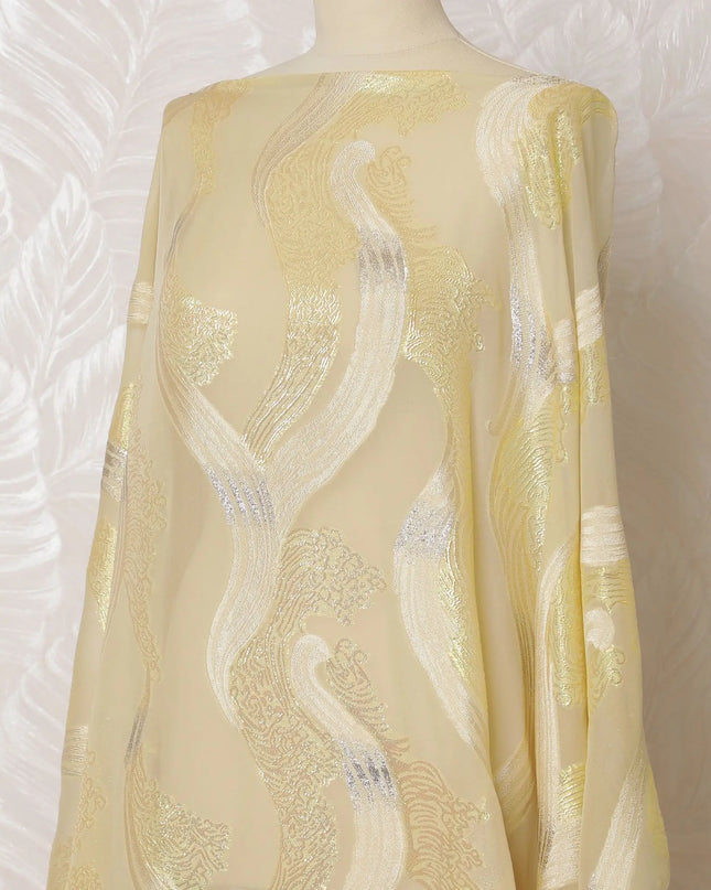 Golden Serenade Pure Silk Chiffon Fransawi Dirac Fabric - Silver and Gold Accents, 140cm Wide - Buy Online in 3.5 Mtr Piece-D18351 Regal Fabrics