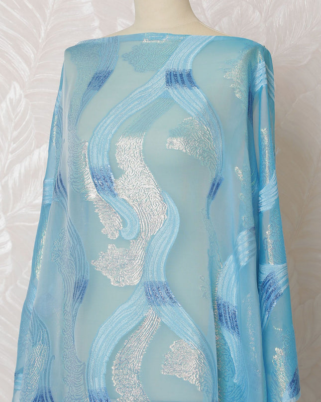 Azure Elegance Pure Silk Chiffon Fransawi Dirac Fabric - Silver Shimmer, 140cm Wide - Buy Online in 3.5 Mtr Piece-D18352