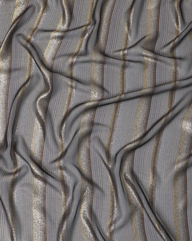 Black Molten Silver Pure Silk Chiffon Fransawi Fabric - Metallic Lurex Elegance, 110cm Wide - Buy Online-D18355