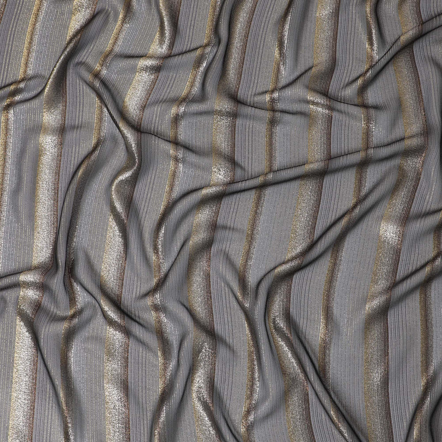 Black Molten Silver Pure Silk Chiffon Fransawi Fabric - Metallic Lurex Elegance, 110cm Wide - Buy Online-D18355