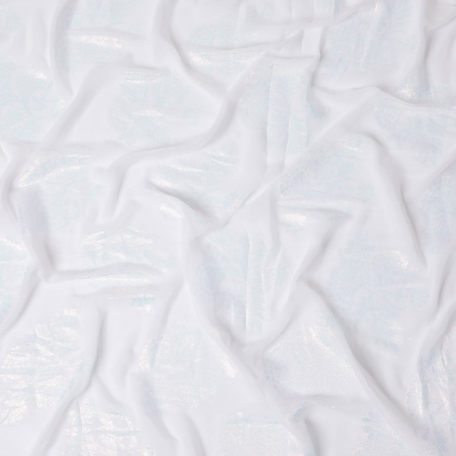 Pristine Ice Blue Floral Synthetic Chiffon Fabric - 110cm Wide, Delicate Frost Finish, Ideal for Graceful Attire-D18412