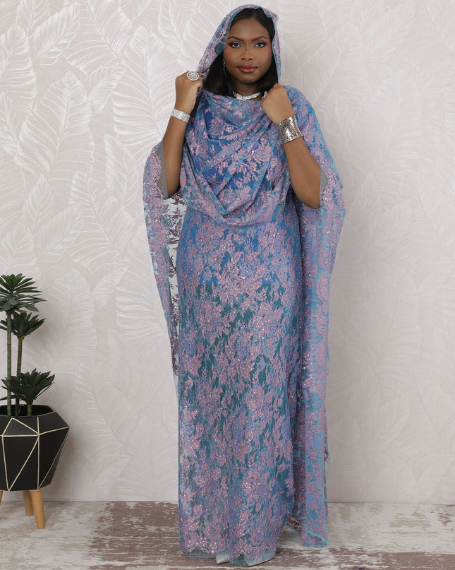 ثوب سوداني تقليدي باللون الأزرق اللافندر - دانتيل فرنسي مع عمل حجري، عرض 110 سم، قطعة 4.5 متر-D18461