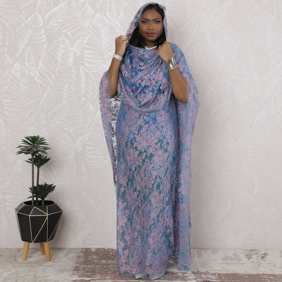 Lavender Blue Traditional Sudanese Thobe - French Lace with Stone Work, 110cm Width, 4.5 Mtrs Piece-D18461