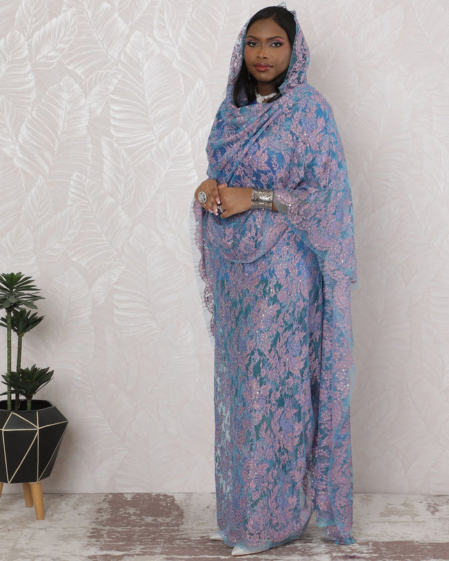 ثوب سوداني تقليدي باللون الأزرق اللافندر - دانتيل فرنسي مع عمل حجري، عرض 110 سم، قطعة 4.5 متر-D18461