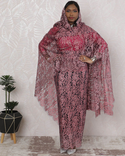 Dusty Rose Opulence Traditional Sudanese Thobe - French Lace with Stone Work, 110cm Width, 4.5 Mtrs Piece-D18462