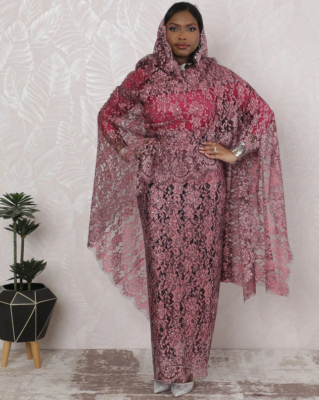 Dusty Rose Opulence Traditional Sudanese Thobe - French Lace with Stone Work, 110cm Width, 4.5 Mtrs Piece-D18462 Regal Fabrics