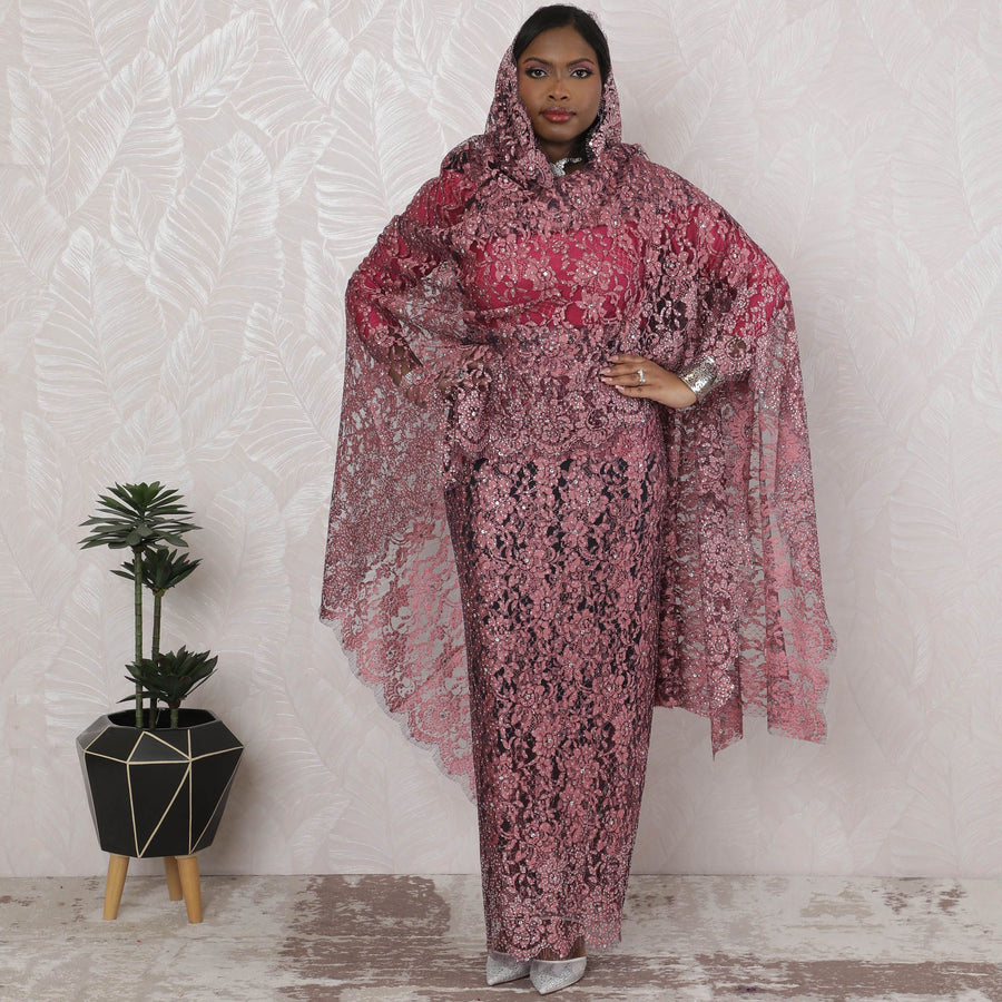 Dusty Rose Opulence Traditional Sudanese Thobe - French Lace with Stone Work, 110cm Width, 4.5 Mtrs Piece-D18462