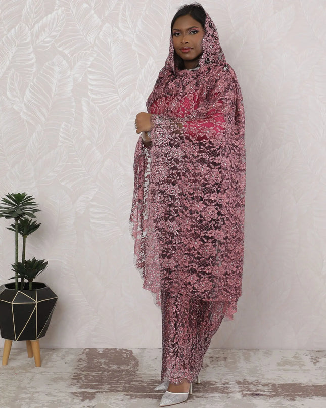 Dusty Rose Opulence Traditional Sudanese Thobe - French Lace with Stone Work, 110cm Width, 4.5 Mtrs Piece-D18462 Regal Fabrics