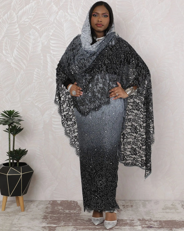 Midnight Shimmer Traditional Sudanese Thobe - French Lace with Stone Work, 110cm Width, 4.5 Mtrs Piece-D18463 Regal Fabrics