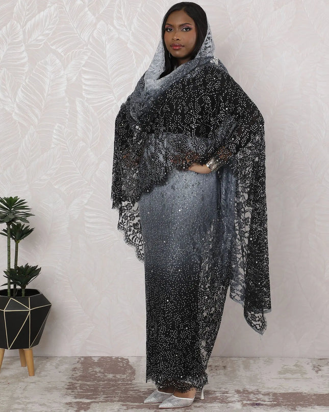 Midnight Shimmer Traditional Sudanese Thobe - French Lace with Stone Work, 110cm Width, 4.5 Mtrs Piece-D18463 Regal Fabrics