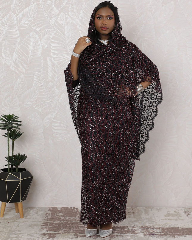 ثوب سوداني تقليدي ستيلار نوير - دانتيل فرنسي مع عمل حجري، عرض 110 سم، قطعة 4.5 متر-D18464