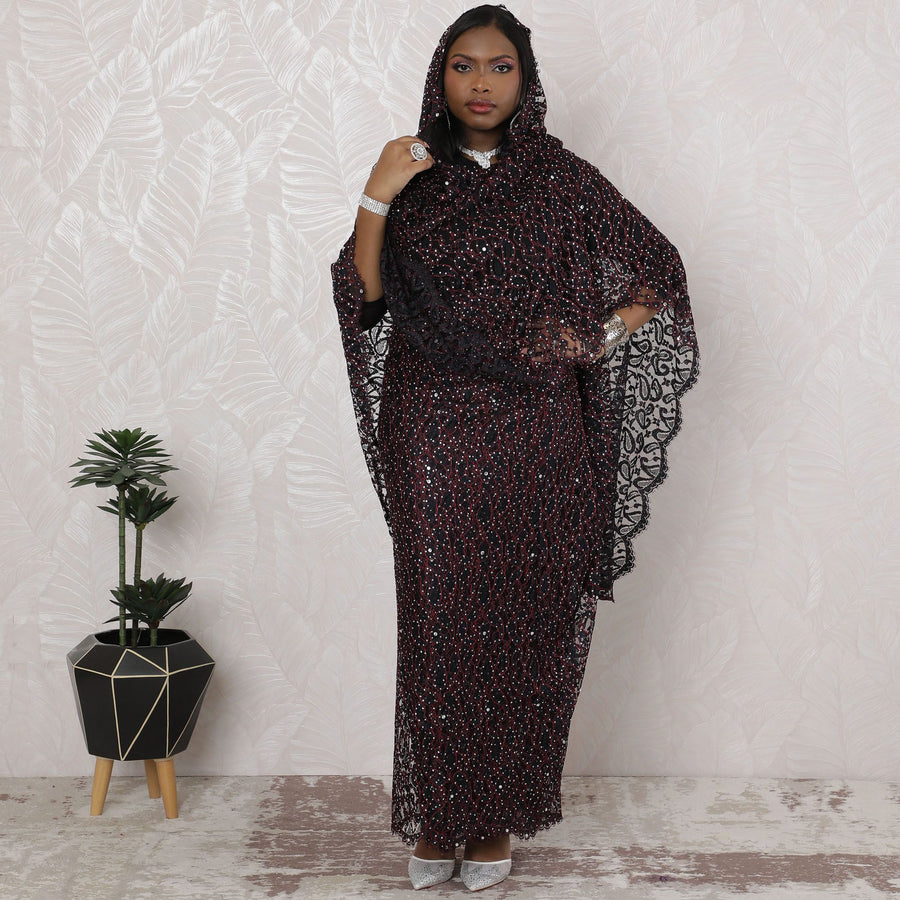 ثوب سوداني تقليدي ستيلار نوير - دانتيل فرنسي مع عمل حجري، عرض 110 سم، قطعة 4.5 متر-D18464