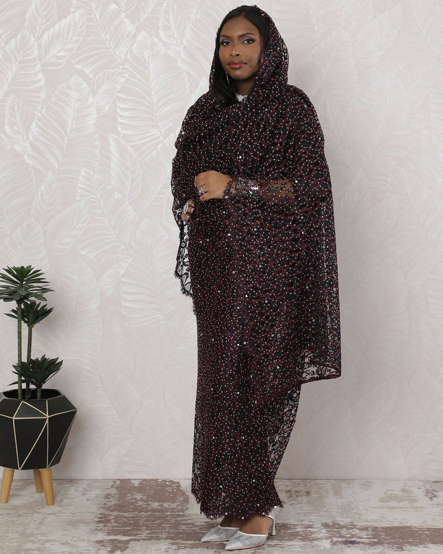 ثوب سوداني تقليدي ستيلار نوير - دانتيل فرنسي مع عمل حجري، عرض 110 سم، قطعة 4.5 متر-D18464