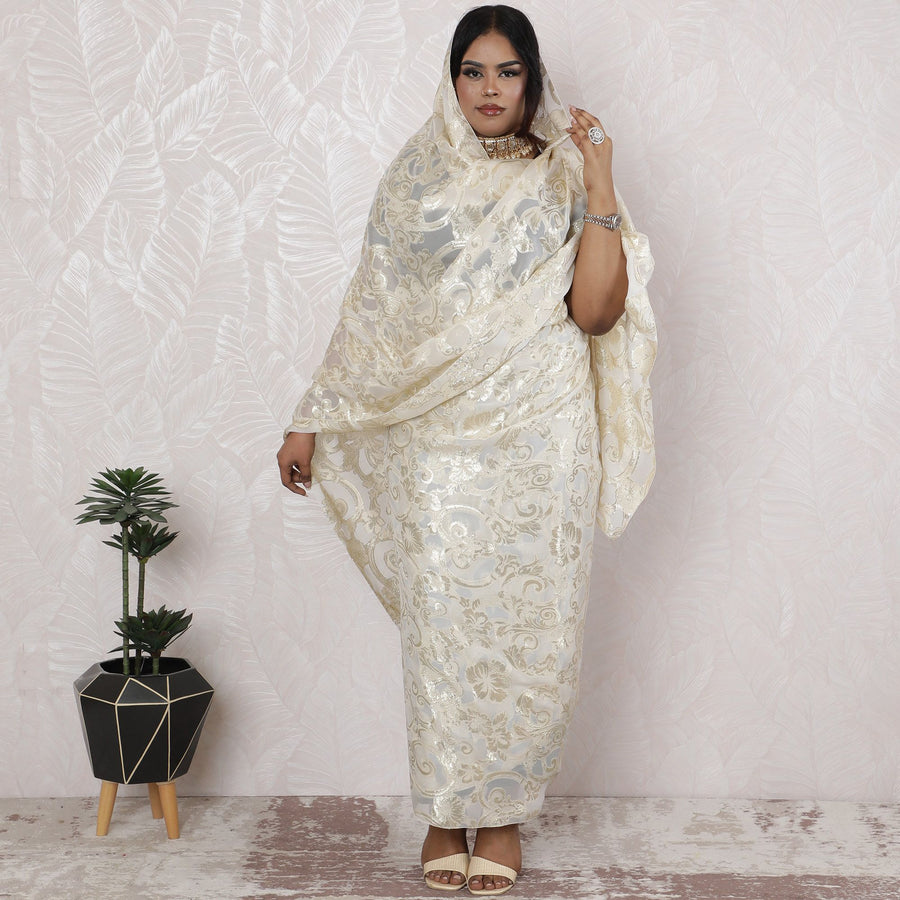 ثوب سوداني تقليدي عاجي أناقة - شيفون حرير فرنسي مع لوريكس ميتاليك، عرض 110 سم، قطعة 4.5 متر-D18465