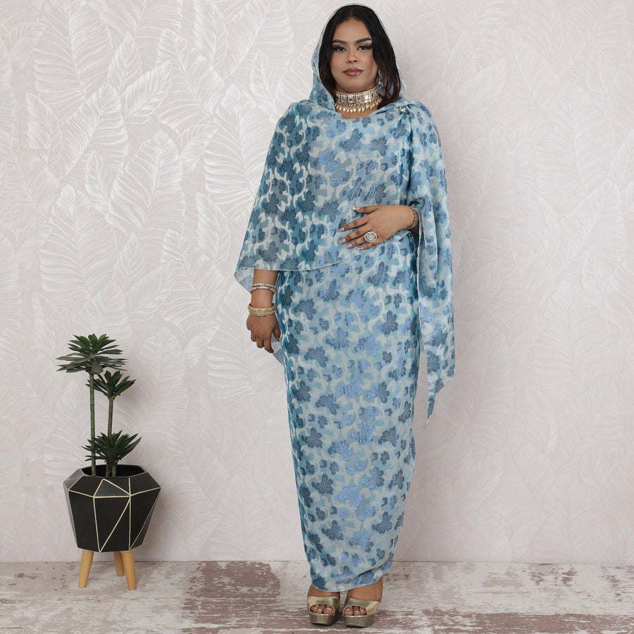 Elegant French Silk Chiffon Thobe Fabric - Metallic Lurex Blue Floral Design, 110cm Width-D18467