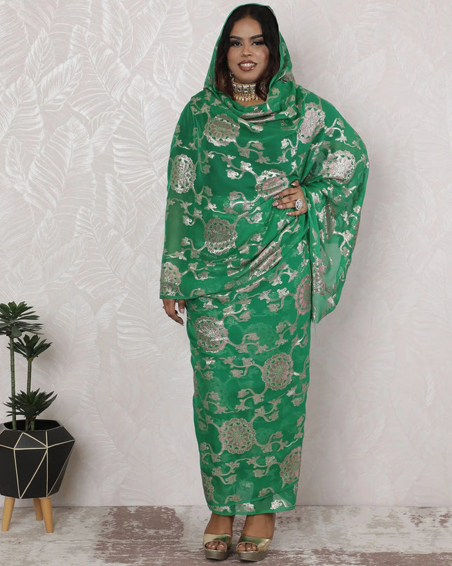 Emerald Green Silk Chiffon Thobe Fabric with Metallic Lurex - Traditional Design, 110cm Wide, 4.5 Mtrs Piece-D18469 Regal Fabrics