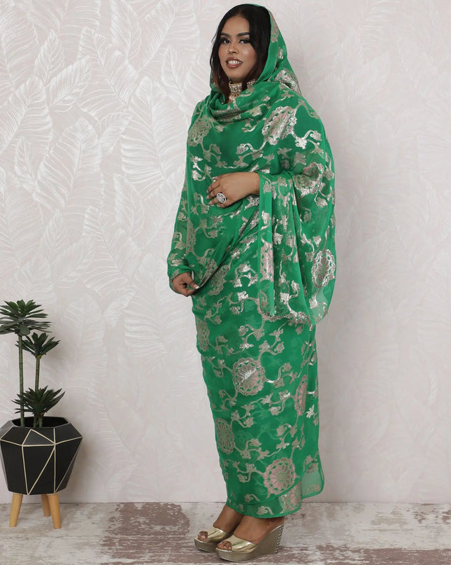 Emerald Green Silk Chiffon Thobe Fabric with Metallic Lurex - Traditional Design, 110cm Wide, 4.5 Mtrs Piece-D18469 Regal Fabrics