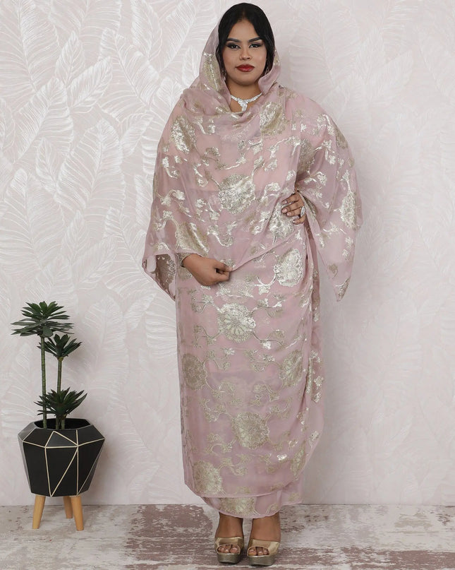 Dusty Rose Silk Chiffon Thobe Fabric with Gold Lurex Detailing - 110cm Wide, 4.5 Mtrs Piece-D18470 Regal Fabrics