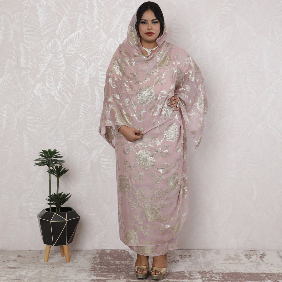 Dusty Rose Silk Chiffon Thobe Fabric with Gold Lurex Detailing - 110cm Wide, 4.5 Mtrs Piece-D18470