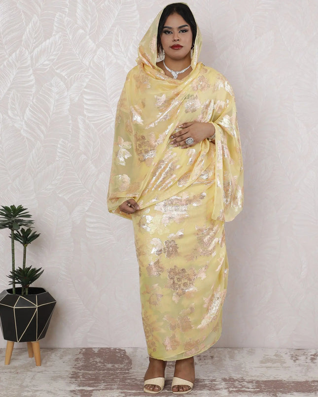 Golden Yellow Silk Chiffon Thobe Fabric with Metallic Lurex - Elegant Traditional Design, 110cm Wide-4.5 Mtrs Piece-D18471 Regal Fabrics