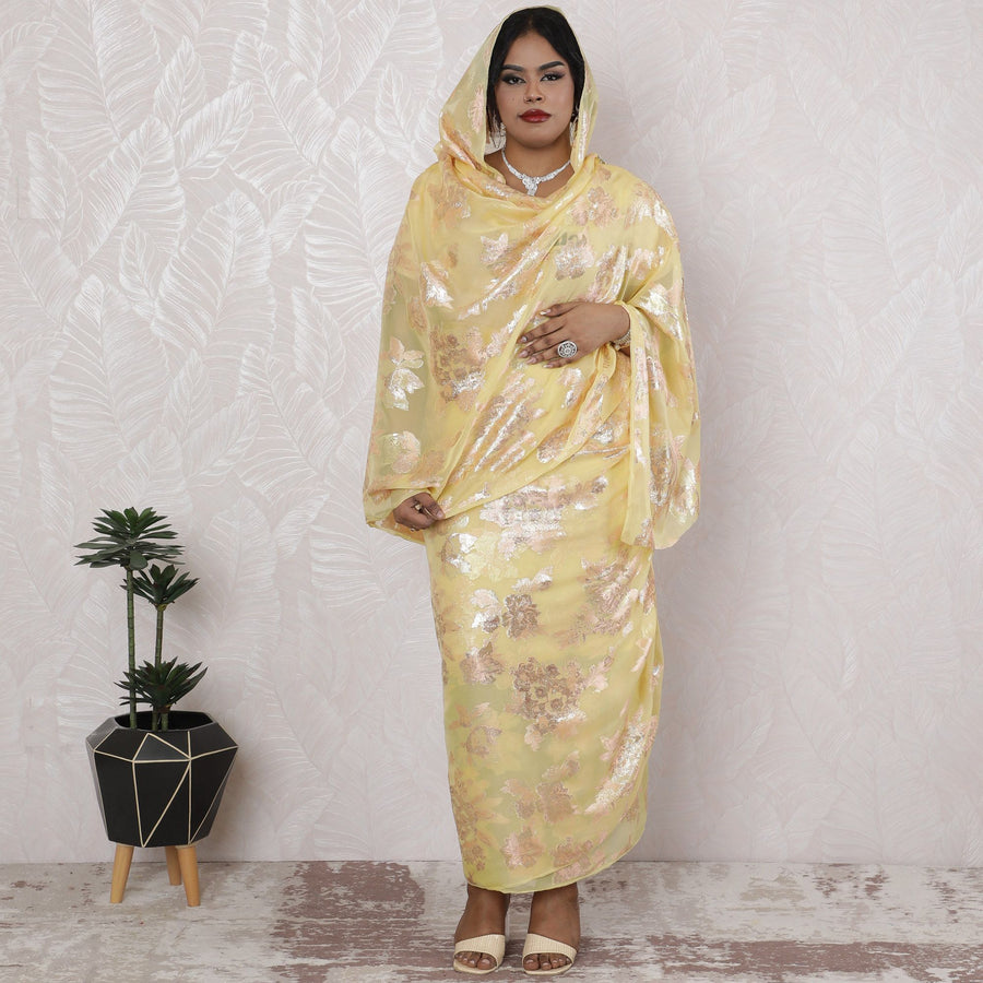 Golden Yellow Silk Chiffon Thobe Fabric with Metallic Lurex - Elegant Traditional Design, 110cm Wide-4.5 Mtrs Piece-D18471