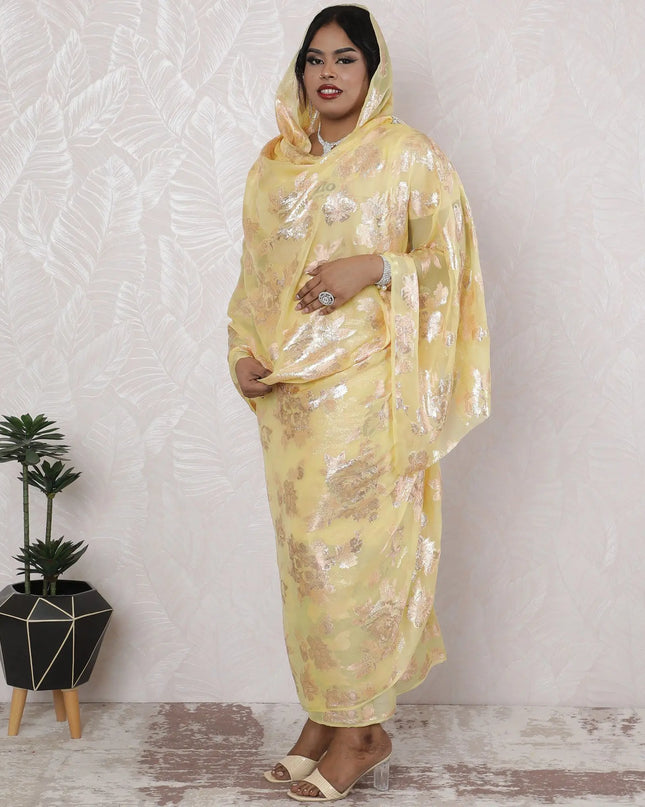 Golden Yellow Silk Chiffon Thobe Fabric with Metallic Lurex - Elegant Traditional Design, 110cm Wide-4.5 Mtrs Piece-D18471 Regal Fabrics