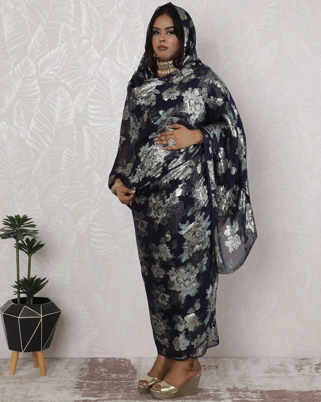 Midnight Blue Silk Chiffon Thobe Fabric with Silver Lurex - Traditional Floral Pattern, 110cm Width-4.5 Mtrs Piece-D18472 Regal Fabrics