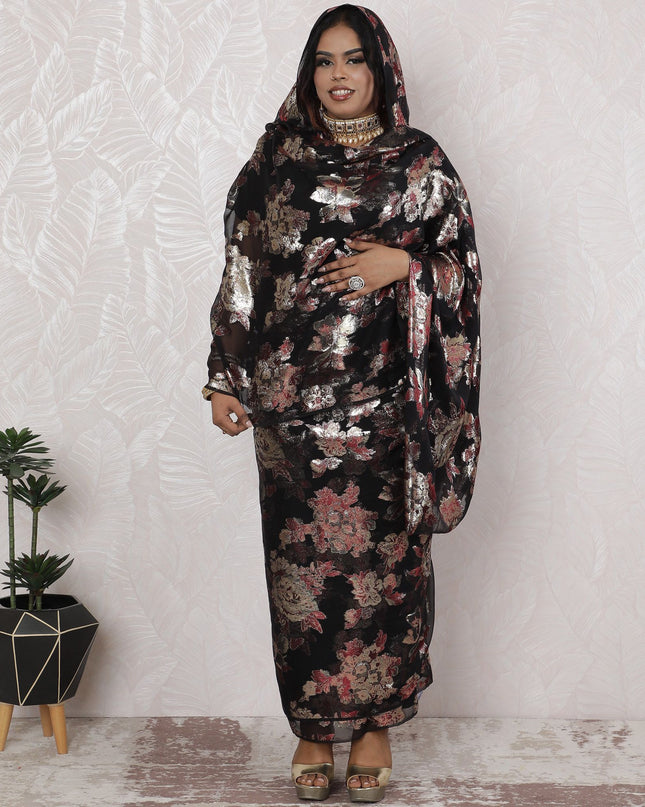 ثوب كلاسيكي شيفون حرير أسود من القماش مع لوريكس ذهبي وردي - أناقة الأزهار، عرض 110 سم - قطعة 4.5 متر-D18473