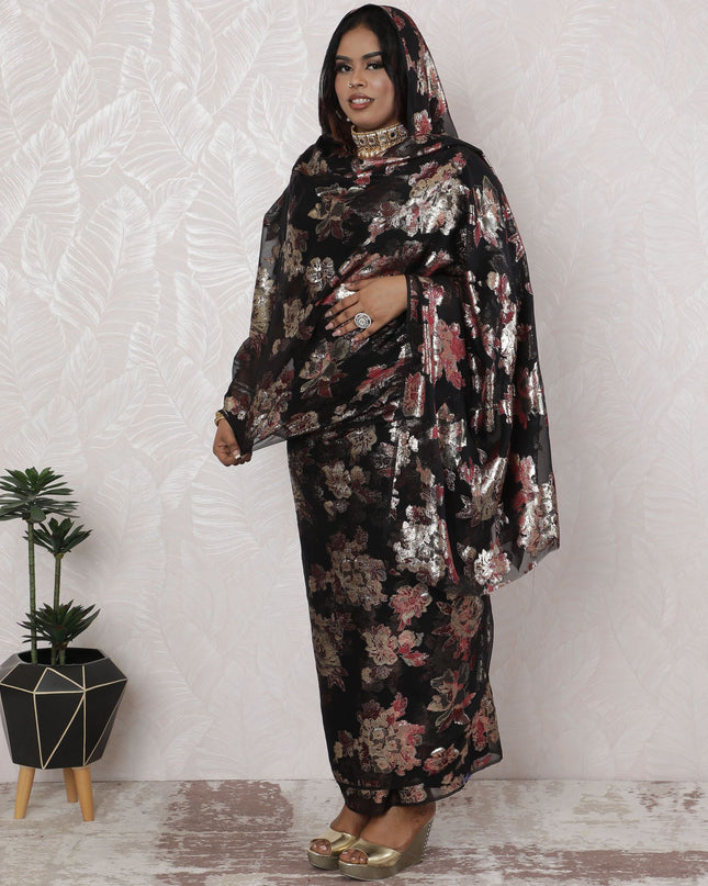 ثوب كلاسيكي شيفون حرير أسود من القماش مع لوريكس ذهبي وردي - أناقة الأزهار، عرض 110 سم - قطعة 4.5 متر-D18473