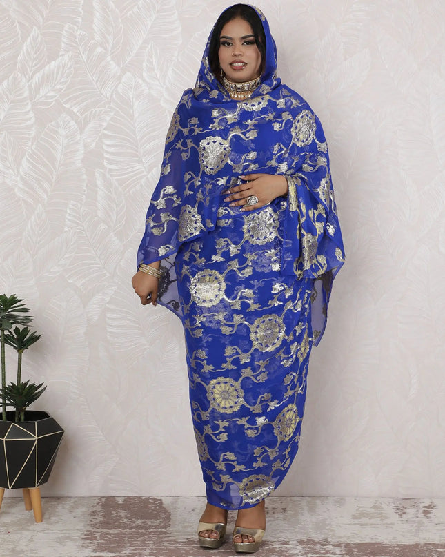 Royal Blue Silk Chiffon Thobe Fabric with Silver Lurex Accents - Luxurious Traditional Print, 110cm Width-4.5 Mtrs Piece-D18474 Regal Fabrics