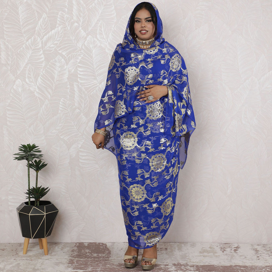 Royal Blue Silk Chiffon Thobe Fabric with Silver Lurex Accents - Luxurious Traditional Print, 110cm Width-4.5 Mtrs Piece-D18474