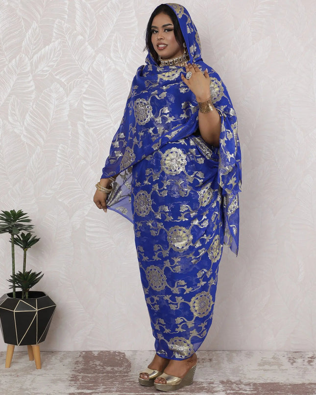 Royal Blue Silk Chiffon Thobe Fabric with Silver Lurex Accents - Luxurious Traditional Print, 110cm Width-4.5 Mtrs Piece-D18474 Regal Fabrics