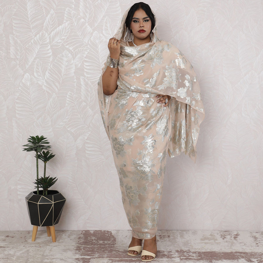 Ethereal Beige Silk Chiffon Thobe Fabric with Silver Lurex - Timeless Floral Elegance, 110cm Width-4.5 Mtrs Piece-D18476