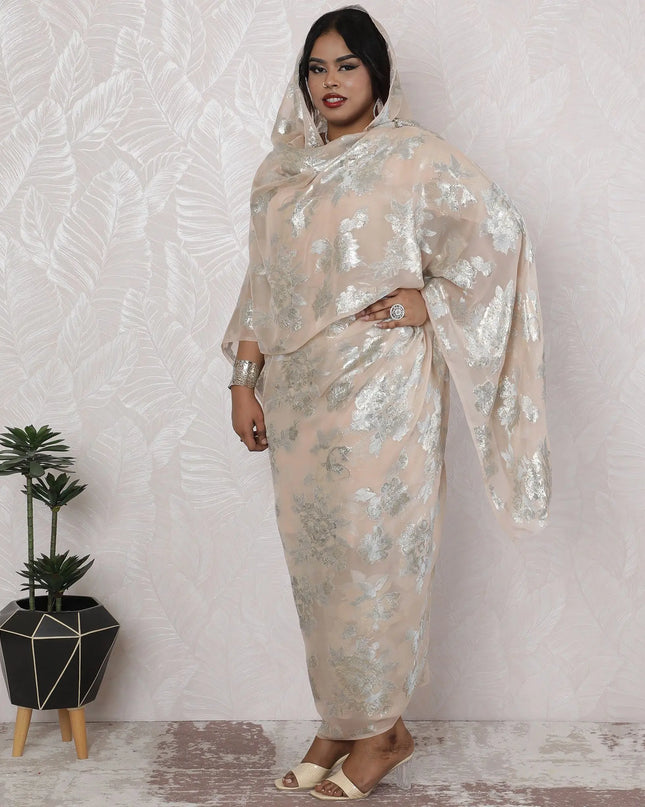 Ethereal Beige Silk Chiffon Thobe Fabric with Silver Lurex - Timeless Floral Elegance, 110cm Width-4.5 Mtrs Piece-D18476 Regal Fabrics