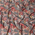 Rustic Elegance Modal Satin Fabric - 110cm Wide, Charcoal with Red Floral Design from India-D18525