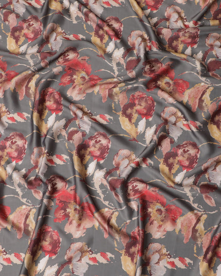 Rustic Elegance Modal Satin Fabric - 110cm Wide, Charcoal with Red Floral Design from India-D18525