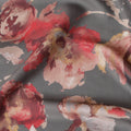Rustic Elegance Modal Satin Fabric - 110cm Wide, Charcoal with Red Floral Design from India-D18525