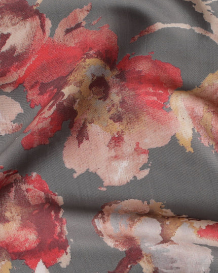 Rustic Elegance Modal Satin Fabric - 110cm Wide, Charcoal with Red Floral Design from India-D18525