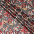 Rustic Elegance Modal Satin Fabric - 110cm Wide, Charcoal with Red Floral Design from India-D18525