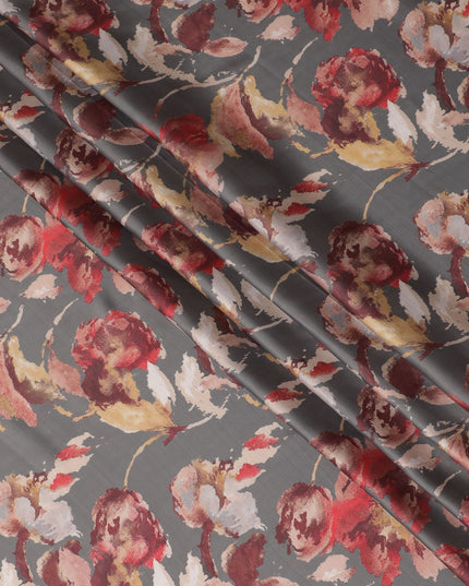 Rustic Elegance Modal Satin Fabric - 110cm Wide, Charcoal with Red Floral Design from India-D18525