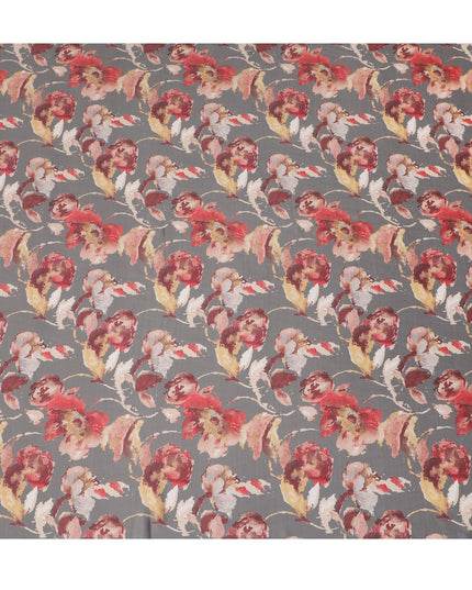 Rustic Elegance Modal Satin Fabric - 110cm Wide, Charcoal with Red Floral Design from India-D18525