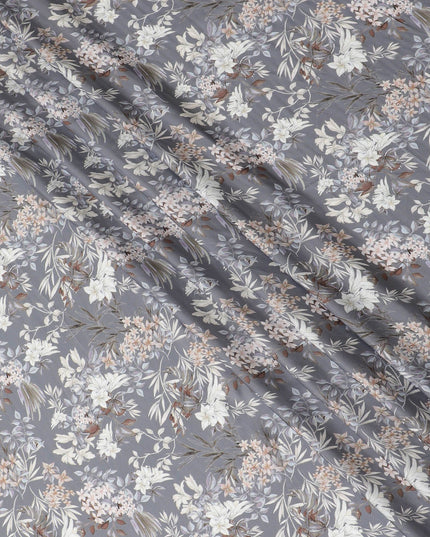 Serene Meadow Floral Modal Satin Fabric - 110cm Wide, Soft Gray Botanical Print from India-D18527