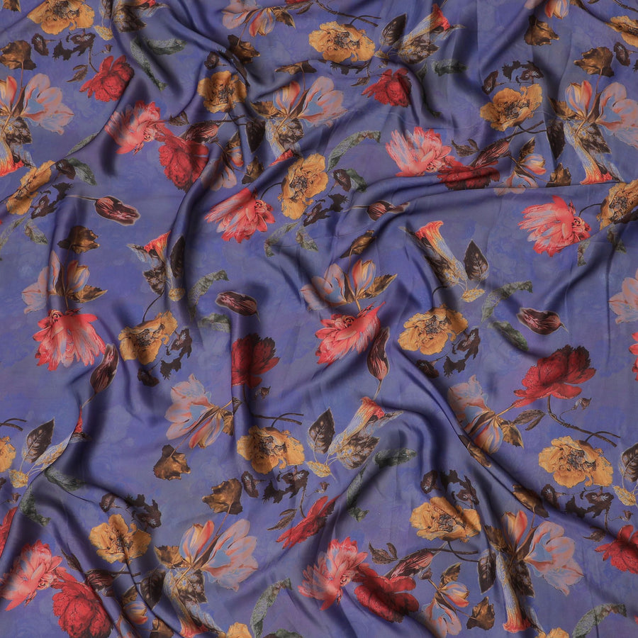 Regal Blossom Modal Satin Fabric - 110cm Wide, Bold Floral Elegance from India-D18529