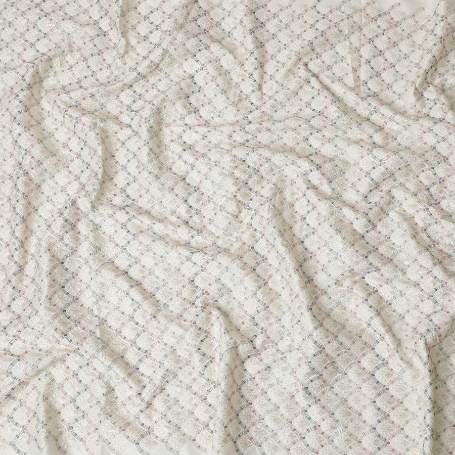 Classic Geometric Embroidered Synthetic Satin Fabric - 110cm Wide, Timeless Elegance from India-D18545