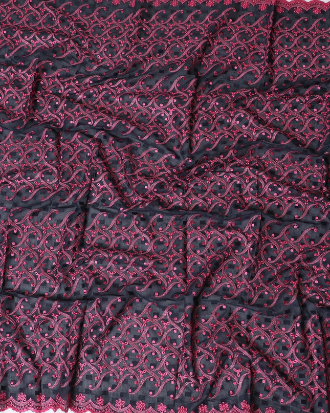 قماش الفوال القطني الخالص (الثوب السوداني) باللون الأزرق الداكن الداكن مع حبل مشبك بنفس اللون مع تطريز باللون الوردي الساخن والفضي بتصميم الأزهار-D13821