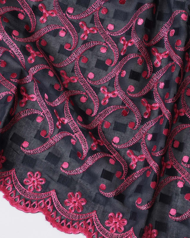 قماش الفوال القطني الخالص (الثوب السوداني) باللون الأزرق الداكن الداكن مع حبل مشبك بنفس اللون مع تطريز باللون الوردي الساخن والفضي بتصميم الأزهار-D13821