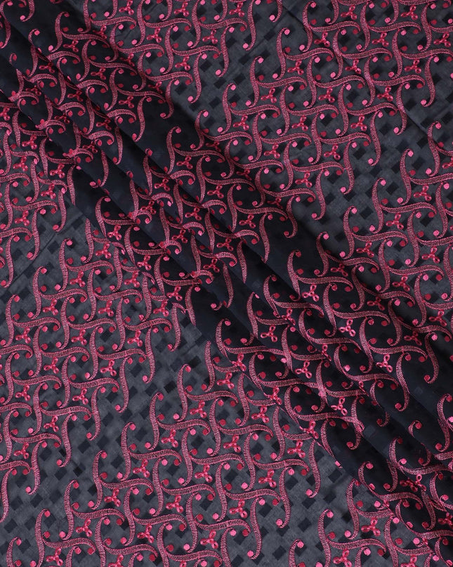 قماش الفوال القطني الخالص (الثوب السوداني) باللون الأزرق الداكن الداكن مع حبل مشبك بنفس اللون مع تطريز باللون الوردي الساخن والفضي بتصميم الأزهار-D13821