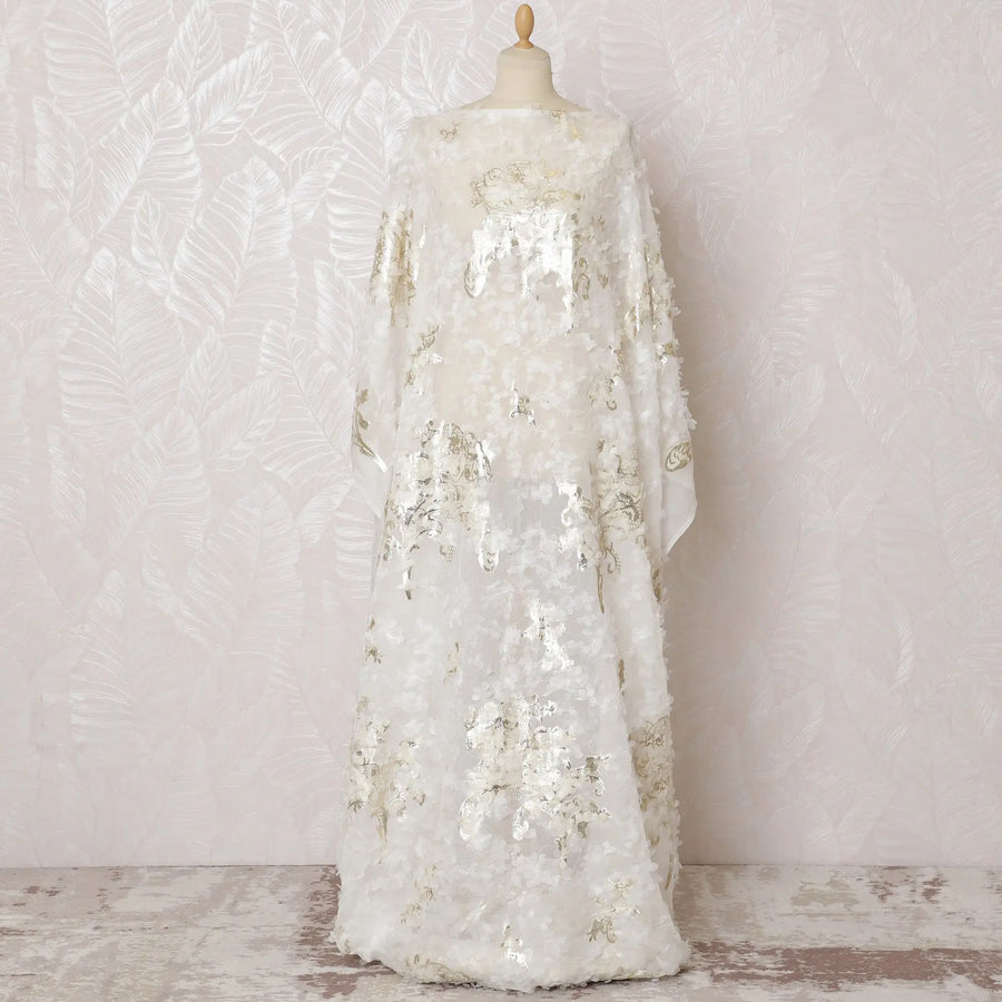 Elegant Ivory Silk Chiffon Somali dirac Fabric with Gold metallic Lurex and Detailing - 140cm Width, 3.5 Mtrs Length-D18494 Regal Fabrics