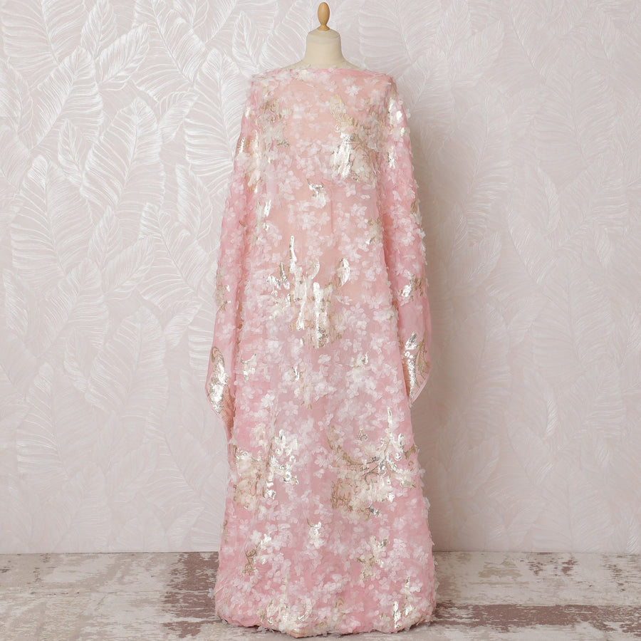 Luxurious Blush Pink Silk Chiffon Somali dirac Fabric with metallic lurex and Exquisite AppliquÃ© - 140cm x 3.5 Mtrs-D18495